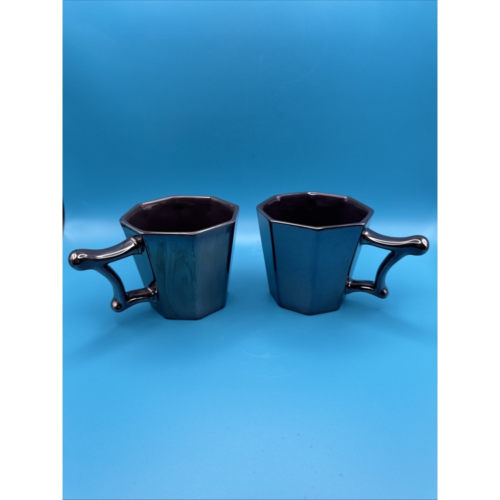 Starbucks Coffee Mugs Cups Iridescent Gunmetal Gray‎ Metallic Octagon Set of 2